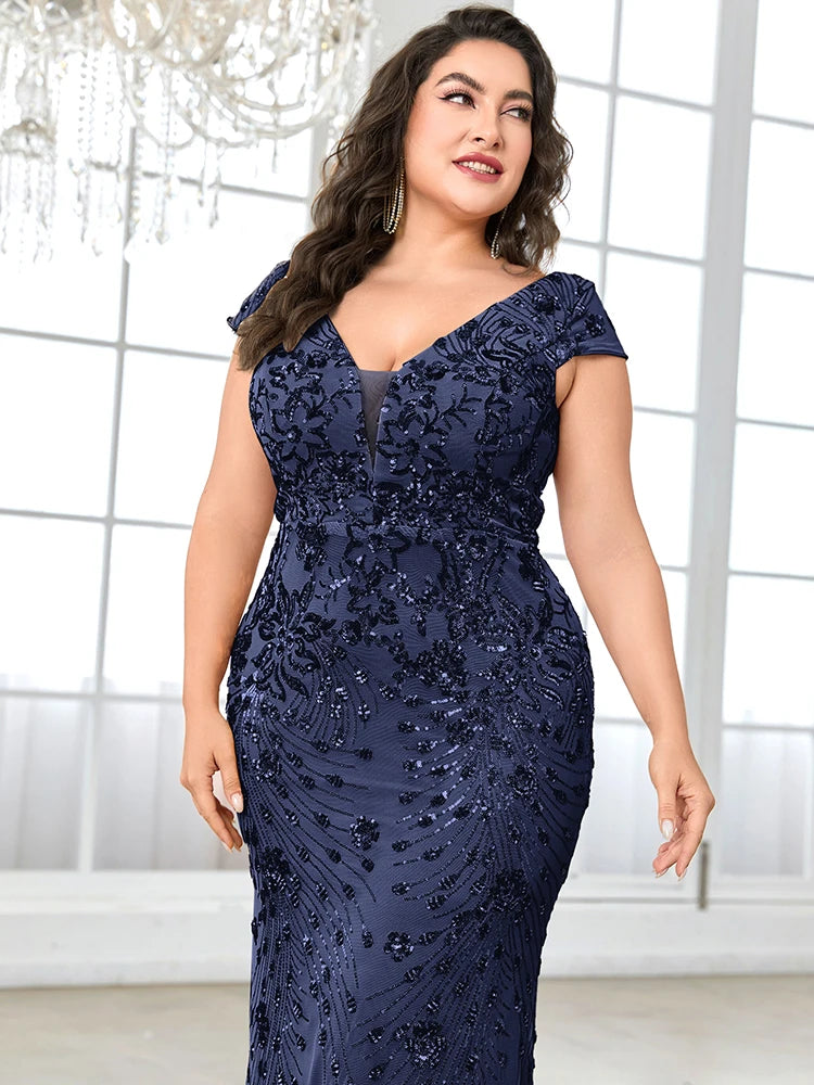 Plus Size Blue Sequin Mermaid Evening Dress - Long V-Neck Formal Prom Gown - SalmanStore 