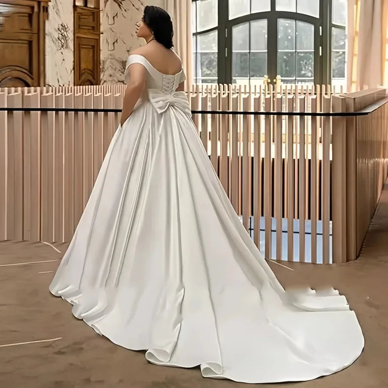 Plus Size Satin Off‑Shoulder Wedding Dress - SalmanStore 