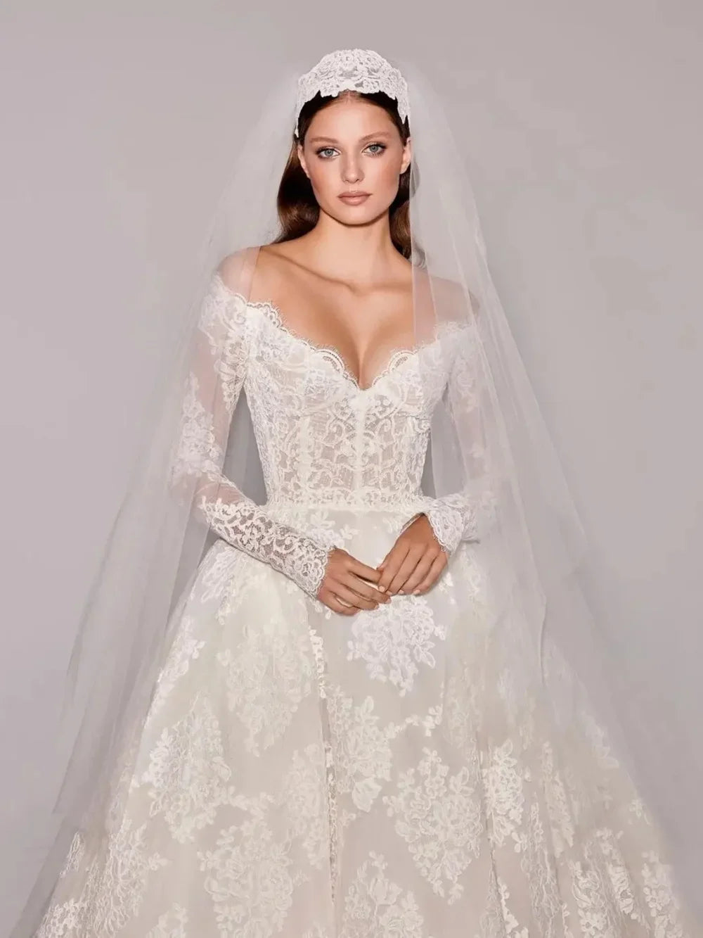 Customized Elegant V-Neck Wedding Dress with Full Floral Appliques - Long Sleeve Bridal Gown - JStorehub 