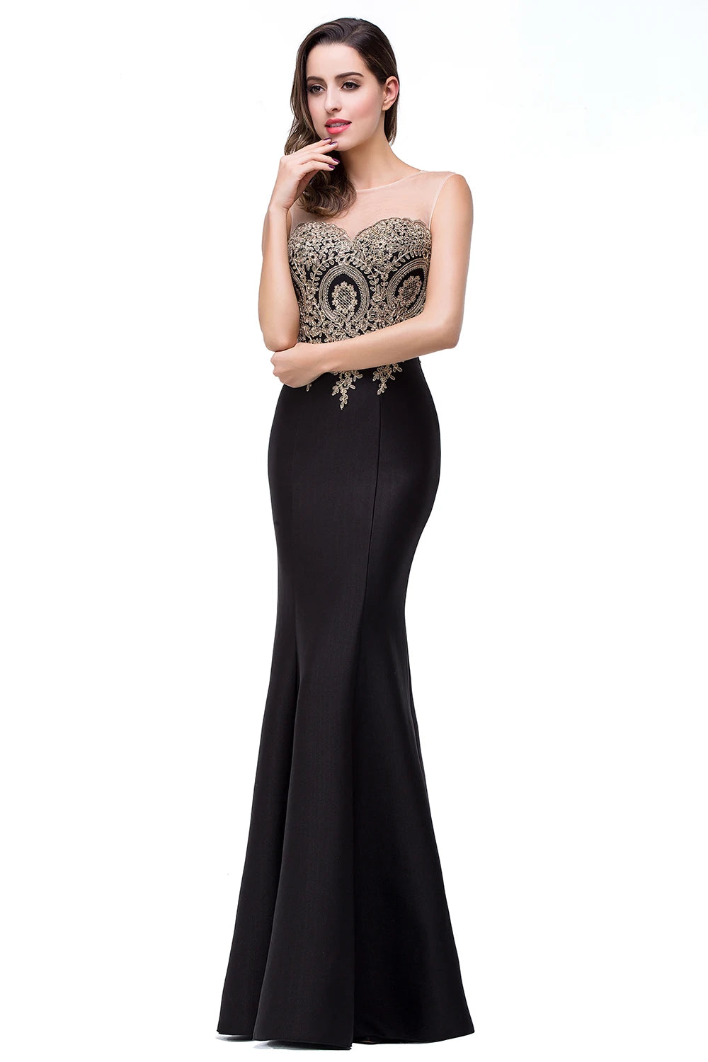 Royal Blue Mermaid Evening Dress with Golden Appliques Lace - Prom Wedding Gown - SalmanStore 