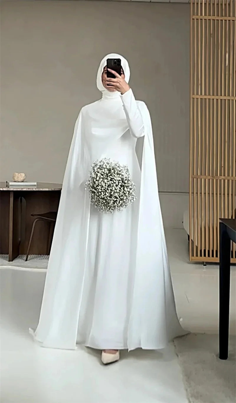 Modest White Muslim Wedding Dress with Cape - Long Sleeve Customized Bridal Gown - JStorehub 