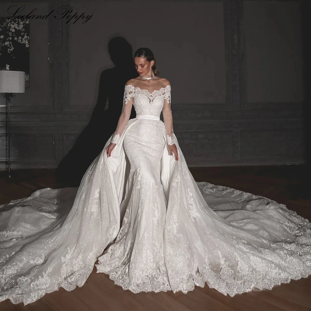 Iceland Poppy Customized Boat Neck Mermaid Lace Wedding Dress with Detachable Train - JStorehub 