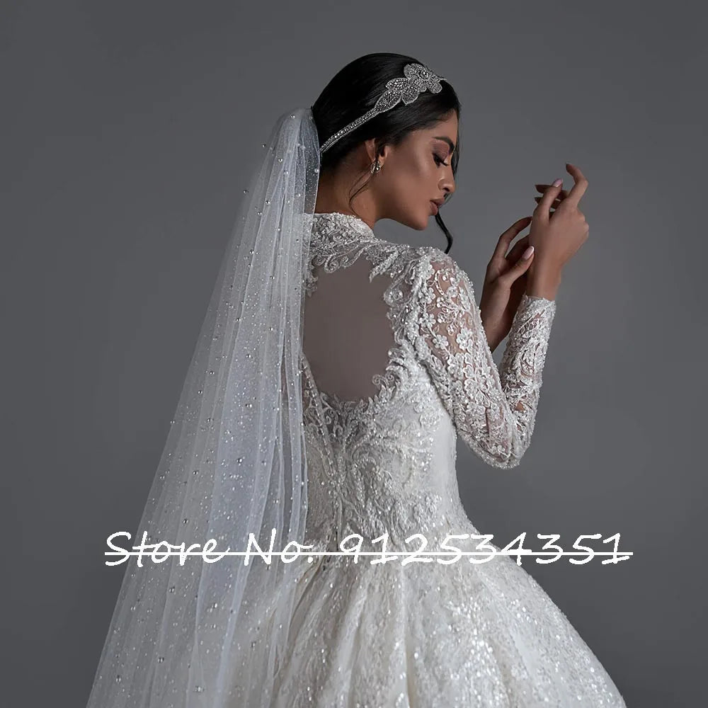 O-Neck Pearls Beaded Ball Gown Wedding Dress - Long Sleeve Shiny Sequins Lace Bridal Gown - JStorehub 