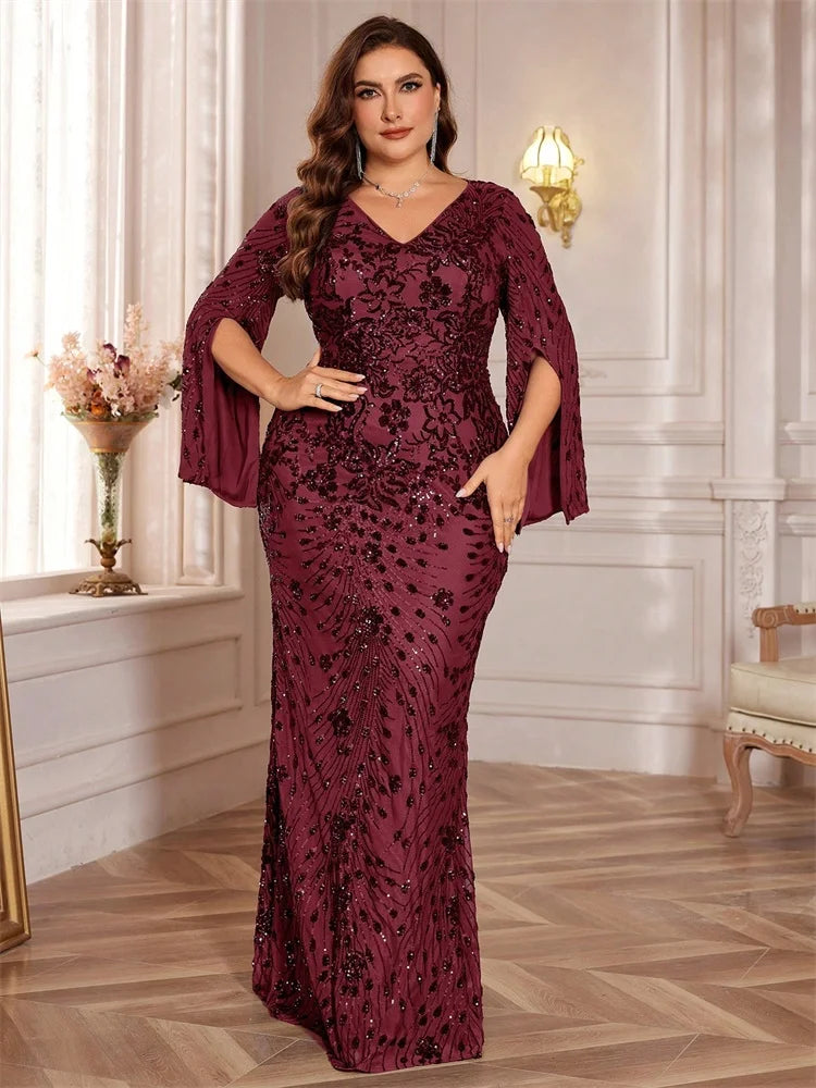 Plus Size Gold Sequin Mermaid Evening Dress - Long Sleeve Formal Prom Gown - SalmanStore 