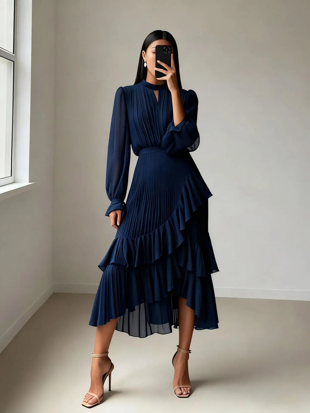 Ruffle Long Sleeve Layered A-Line Dress - Chic Spring Summer Pleated Gown - SalmanStore 