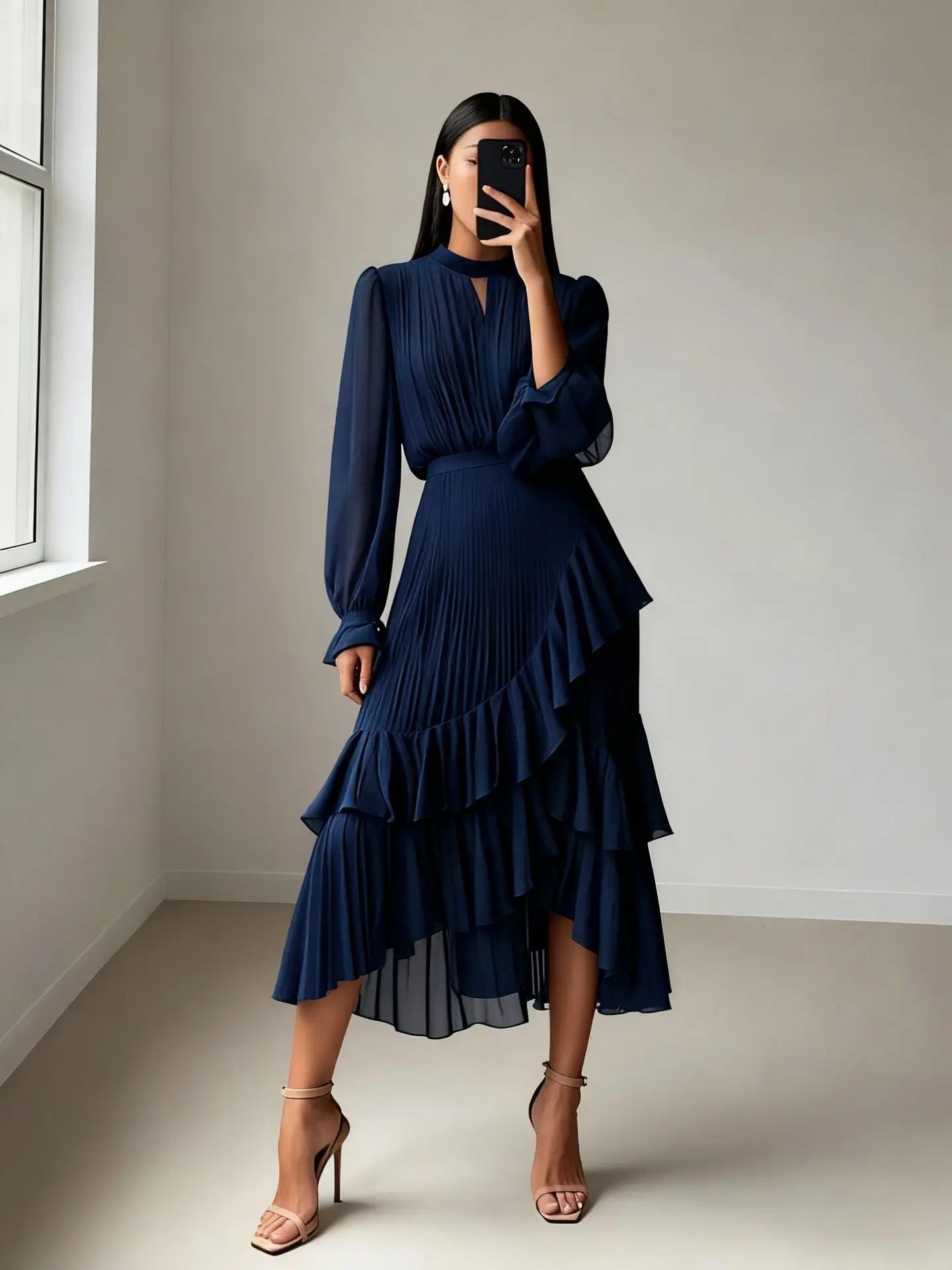 Ruffle Long Sleeve Layered A-Line Dress - Chic Spring Summer Pleated Gown - SalmanStore 
