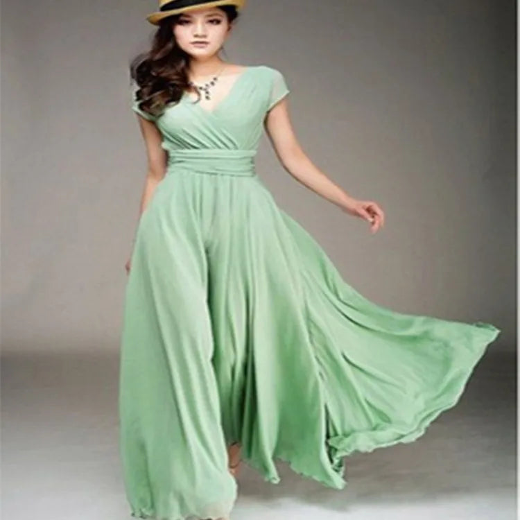 Women's Short Sleeve Chiffon Evening Dress - Bohemian Party Long Gown - JStorehub 