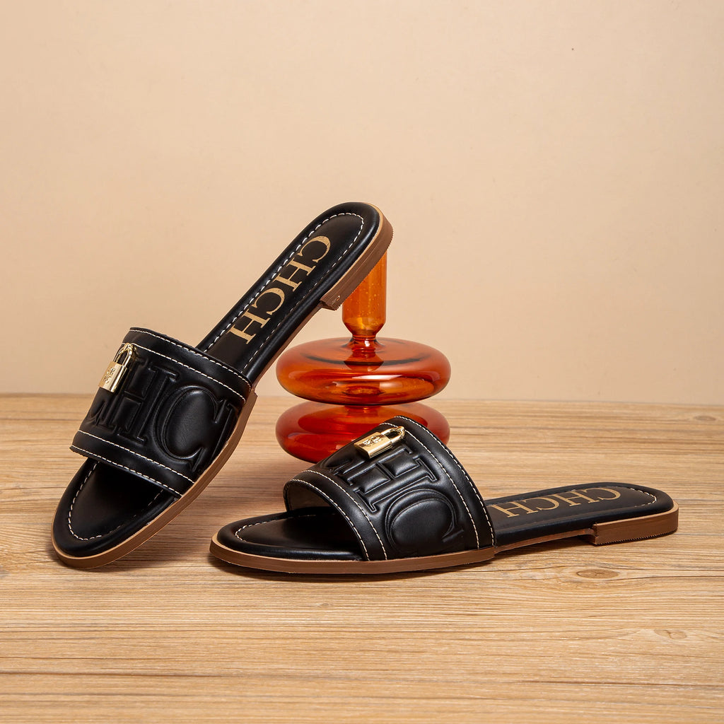 Women's Solid Color Embossed Flat Sandals - Simple Fashion Summer Slippers - JStorehub 