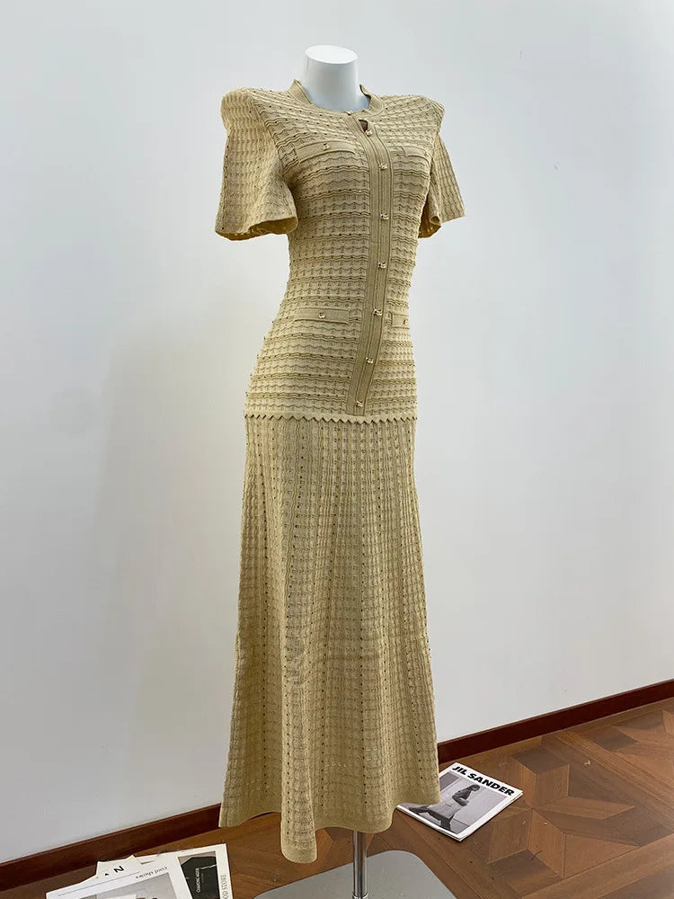 Solid Knit Hollow Out Maxi Dress for Women - Short Sleeve Bodycon Dress 2026 - JStorehub 