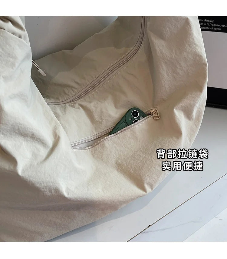 Chic Solid Color Nylon Tote Bag with Multiple Pockets - Large Capacity Shoulder Bag - JStorehub 