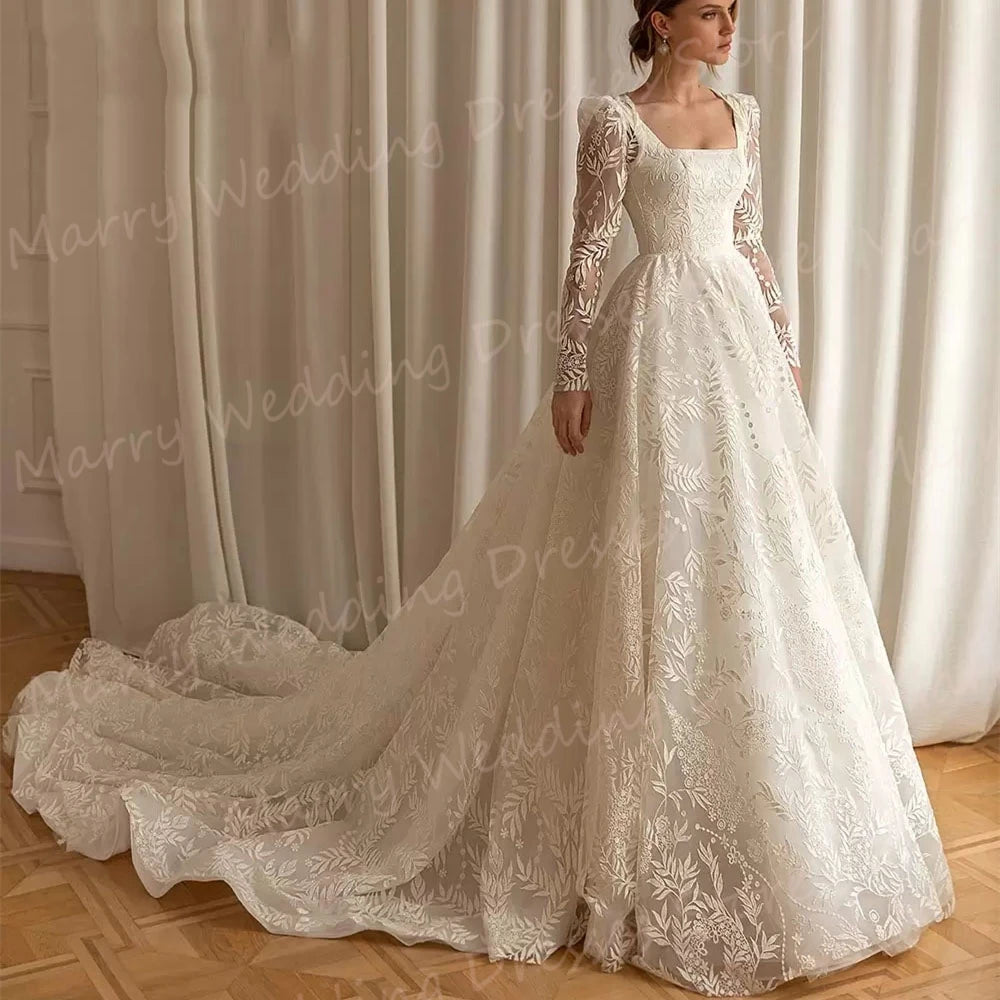 Elegant A-Line Wedding Dress with Detachable Long Sleeves - Backless Lace Applique Bridal Gown - JStorehub 