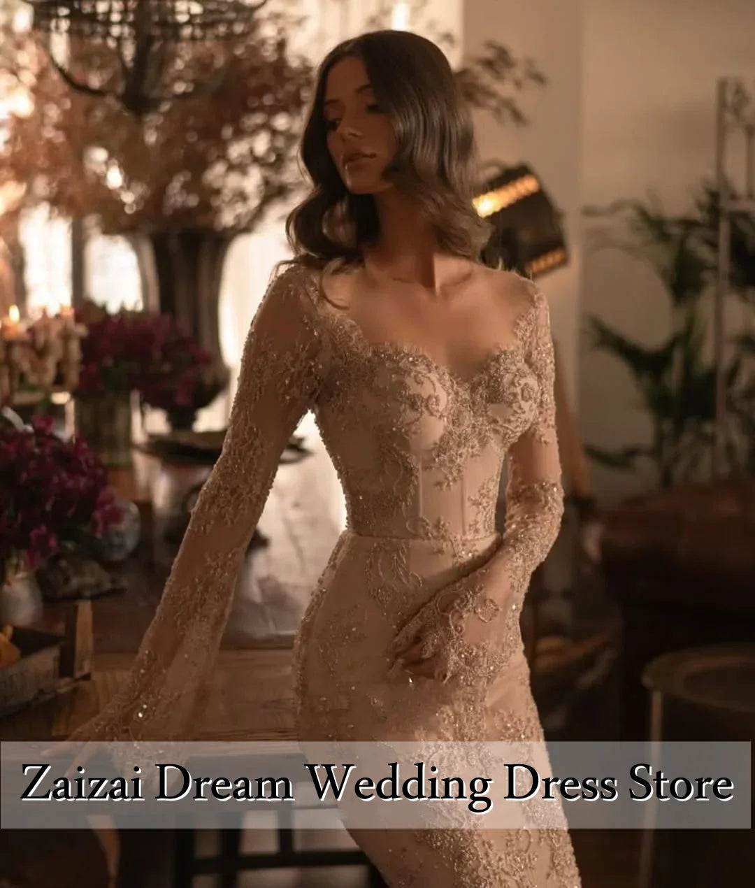 Customized Vintage Lace Champagne Mermaid Wedding Dress - JStorehub 