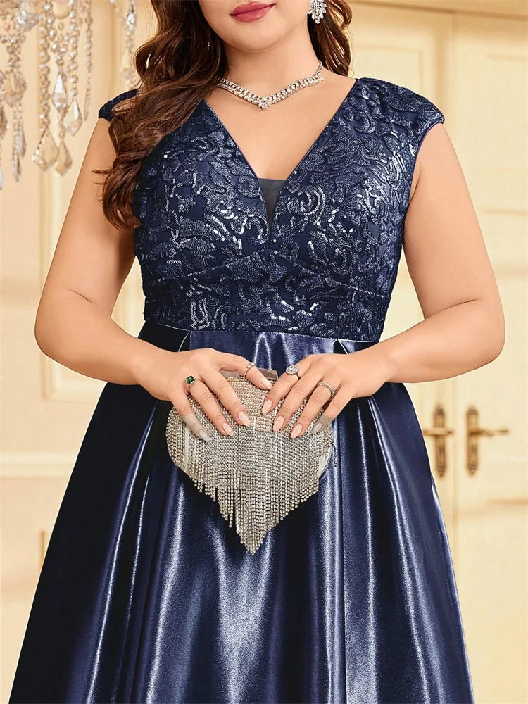 Blueplum Plus Size Gold Satin V-Neck Sequin Evening Dress 2025 - JStorehub 