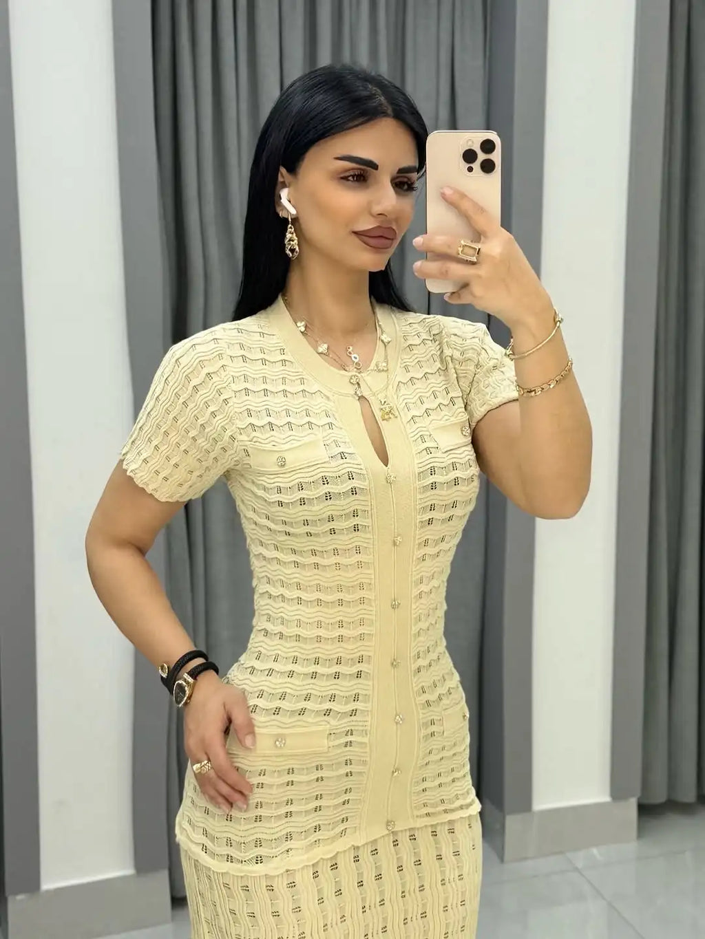 Solid Knit Hollow Out Maxi Dress for Women - Short Sleeve Bodycon Dress 2026 - JStorehub 