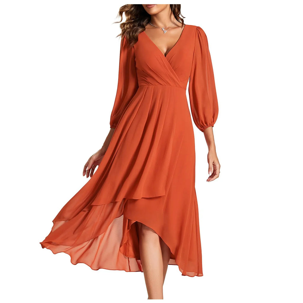 Elegant Navy Blue Chiffon Evening Dress - Long Sleeve Pleated Knee Length - JStorehub 