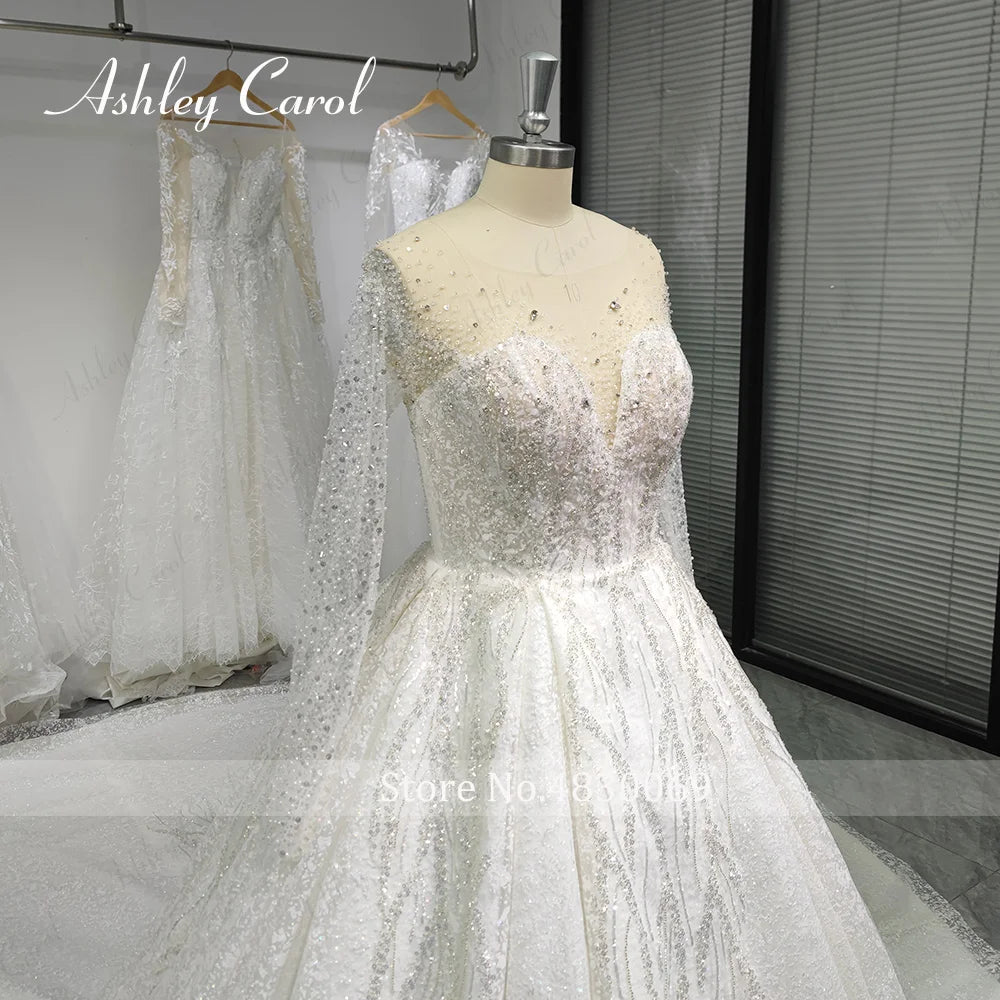 Luxury Long Sleeve Princess Wedding Dress - Sparkling Beaded Bridal Gown - JStorehub 