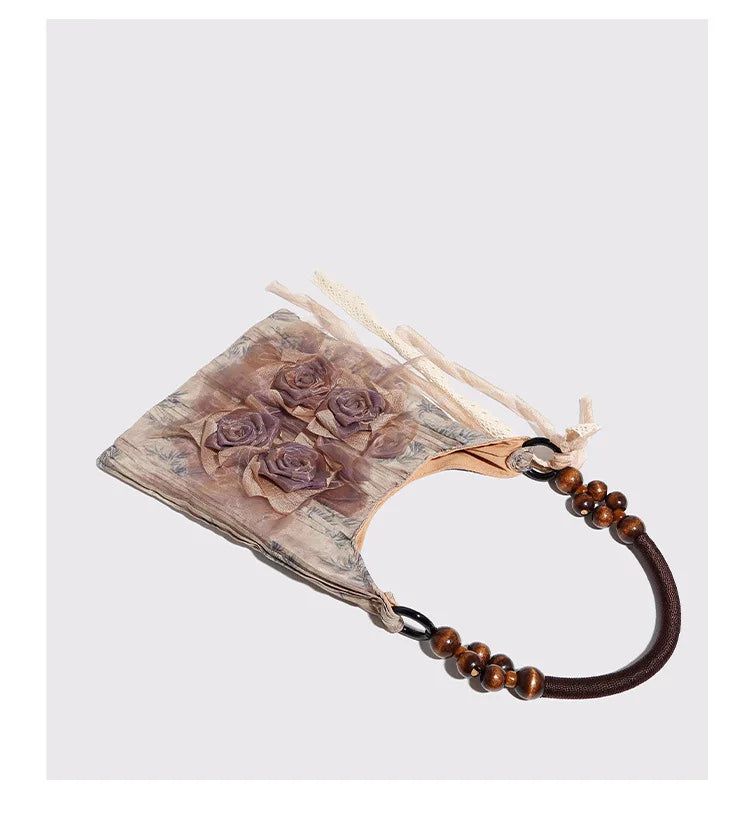 Chinese Style Rose Decor Shoulder Bag - Classic Pleated Commuter Tote Bag - JStorehub 