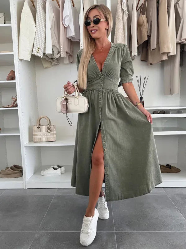 Women Dresses: V Neck Denim Dress - Elegant Style | Salman Store