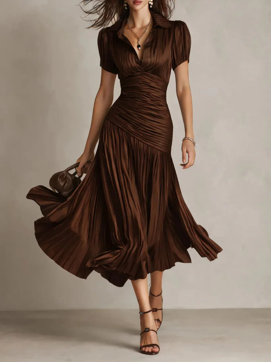 Elegant Satin A-Line Shirt Dress - Lapel High Waist Pleated Long Dress - JStorehub 