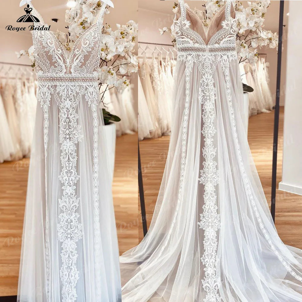 Boho Beach Lace Wedding Dress 2026 - V-Neck Backless Summer Bridal Gown - JStorehub 