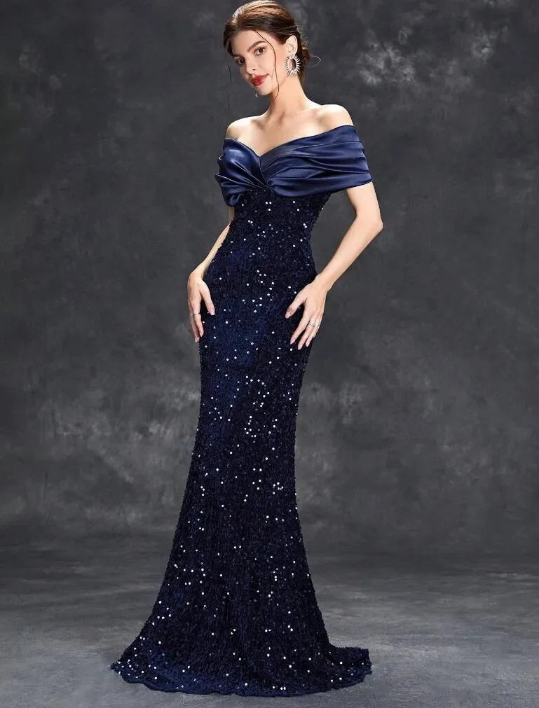 Slim Fit One Shoulder Sequin Evening Gown - A-Line Floor Length Party Dress - JStorehub 