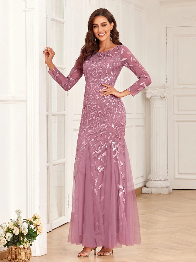 Mermaid Tulle Embroidery Evening Dress - O-Neck Full Sleeve Formal Gown - SalmanStore 