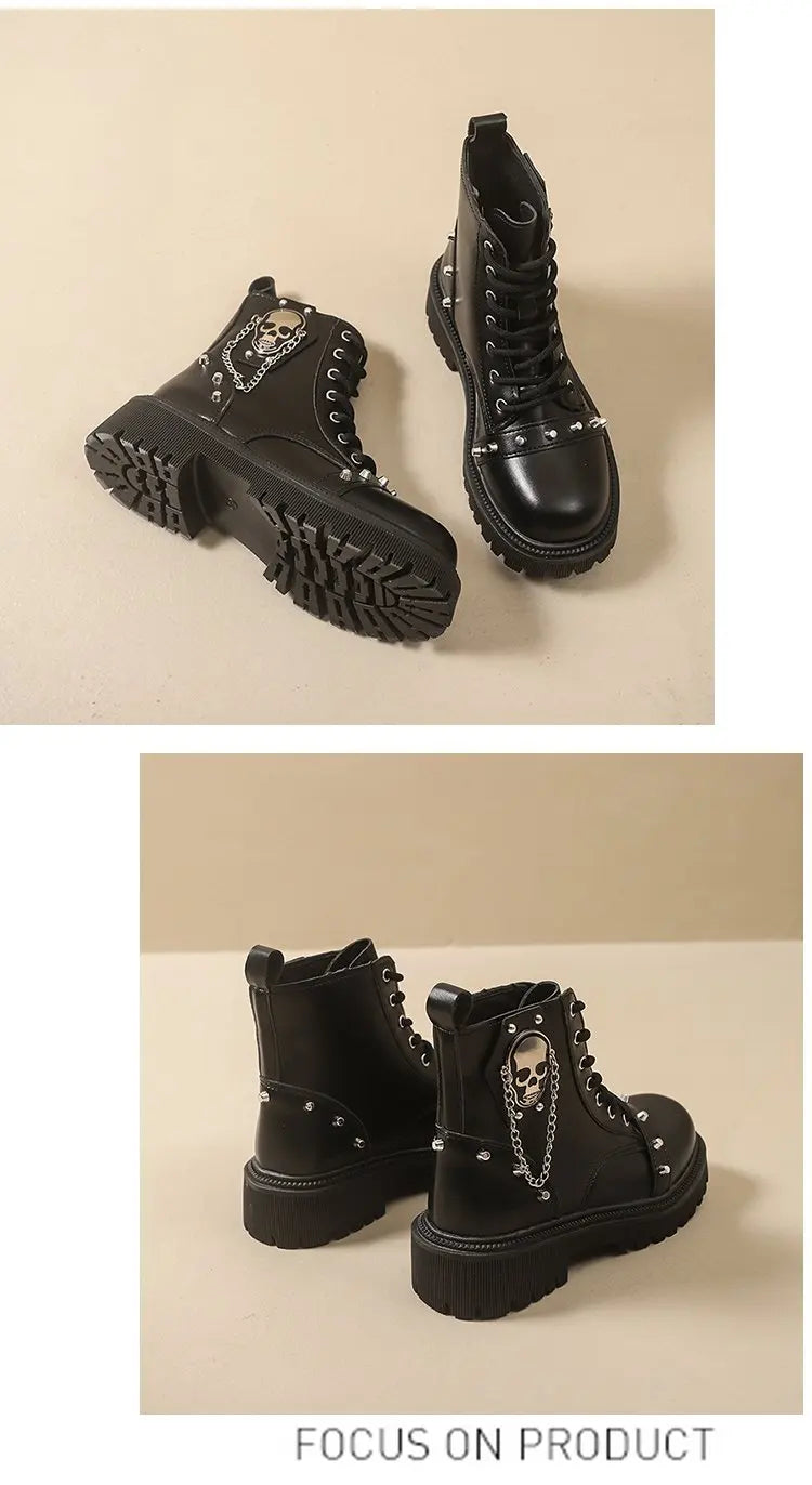 Women's Punk Ankle Boots - Platform Buckle Lace-Up Block Heel Shoes - JStorehub 