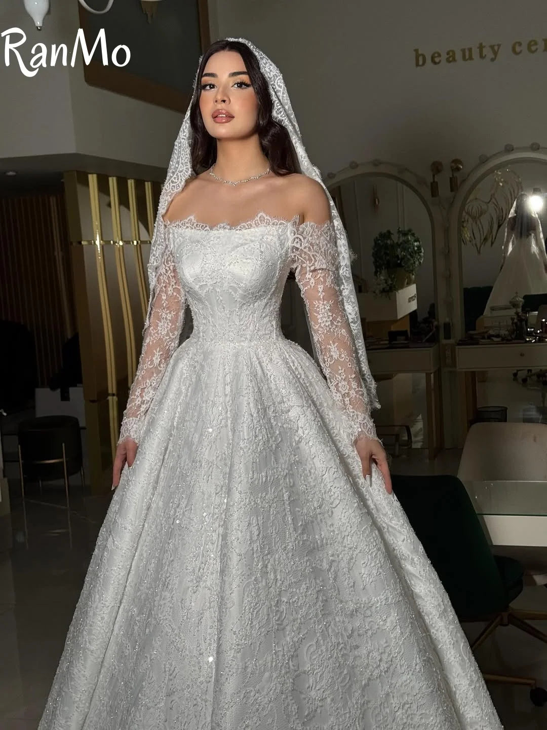 Exquisite Long Sleeve Sparkly Wedding Dress - Off Shoulder Backless Ball Gown - JStorehub 