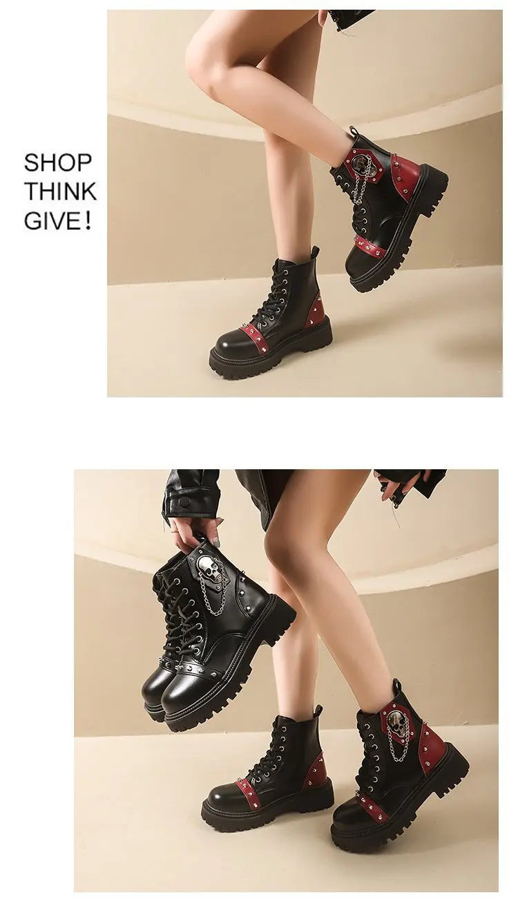 Women's Punk Ankle Boots - Platform Buckle Lace-Up Block Heel Shoes - JStorehub 