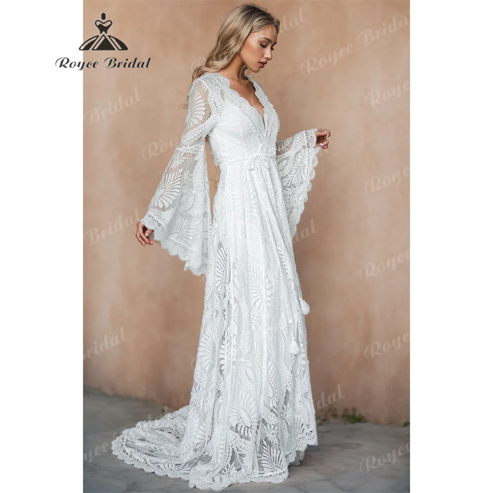 Boho V-Neck A-Line Wedding Dress 2025 - Lace Court Train Bridal Gown - JStorehub 