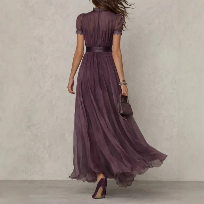 Vintage Hollow Out Maxi Dress - Stand Collar Lantern Sleeve Pleated Tunic - JStorehub 