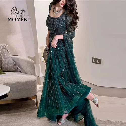 A-Line Beading Prom Dress - Square Collar Long Sleeve Evening Gown - JStorehub 