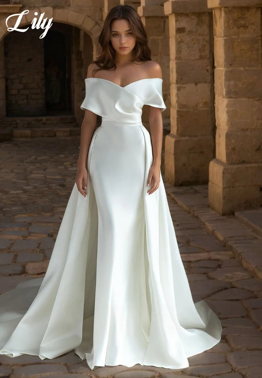 Lily White Off-Shoulder Backless Prom Dress - Satin Mermaid Evening Gown - JStorehub 