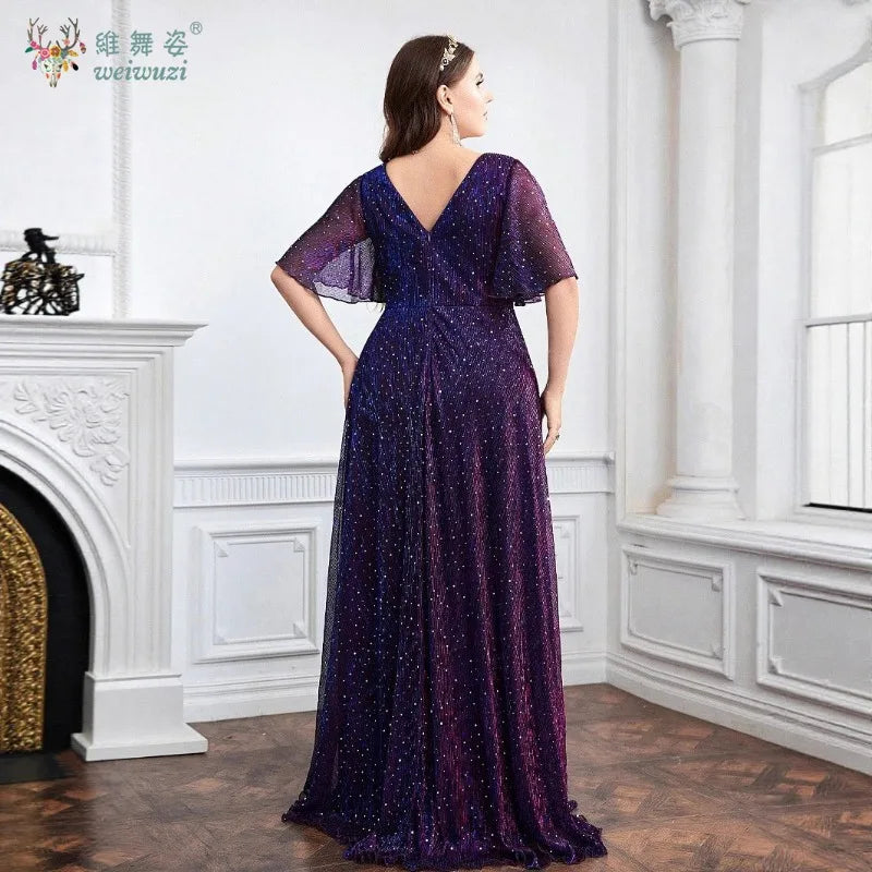 Plus Size Purple A-Line Evening Dress - Deep V-Neck Waist Cinched Rhinestone Gown - JStorehub 