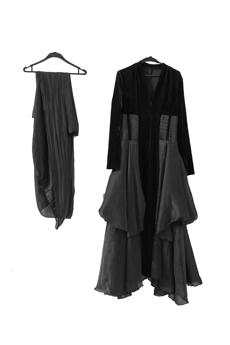 Women's Dresses Sexy V Neck Long Sleeves Velvet Patchwork Ruffles Elegant Fashion Designer Party Prom Gown - SalmanStore 