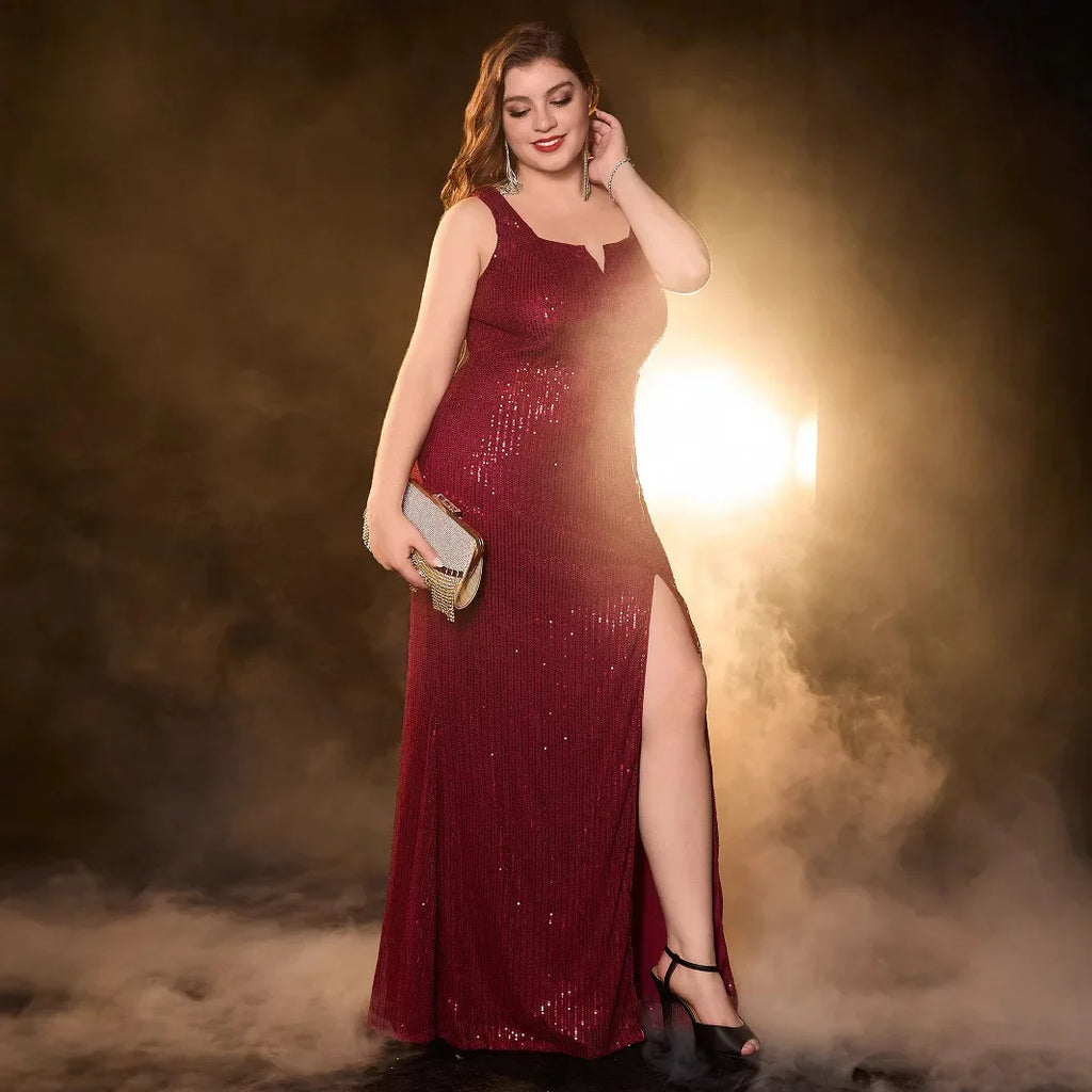 Plus Size Sexy Backless V-Neck Sequin Evening Gown - Dance Party Dress - JStorehub 