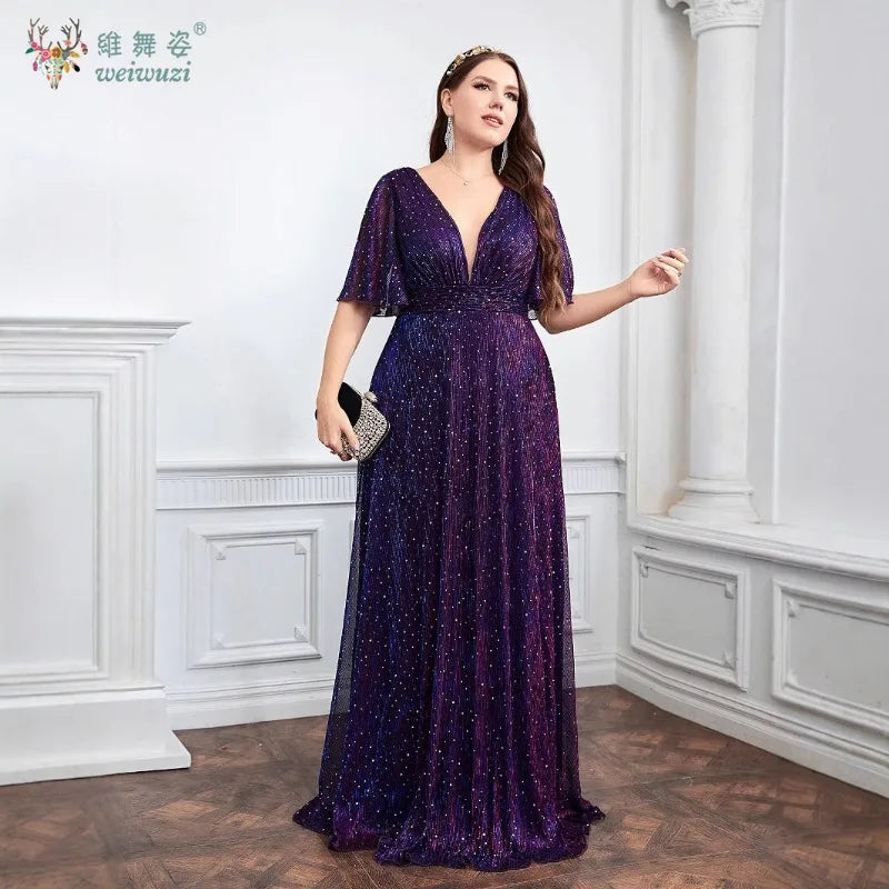 Plus Size Purple A-Line Evening Dress - Deep V-Neck Waist Cinched Rhinestone Gown - JStorehub 