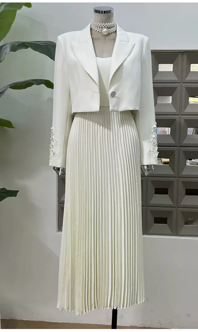 Chic Autumn 2025: Flower Beaded Jacket & Dress Women's Suit Set