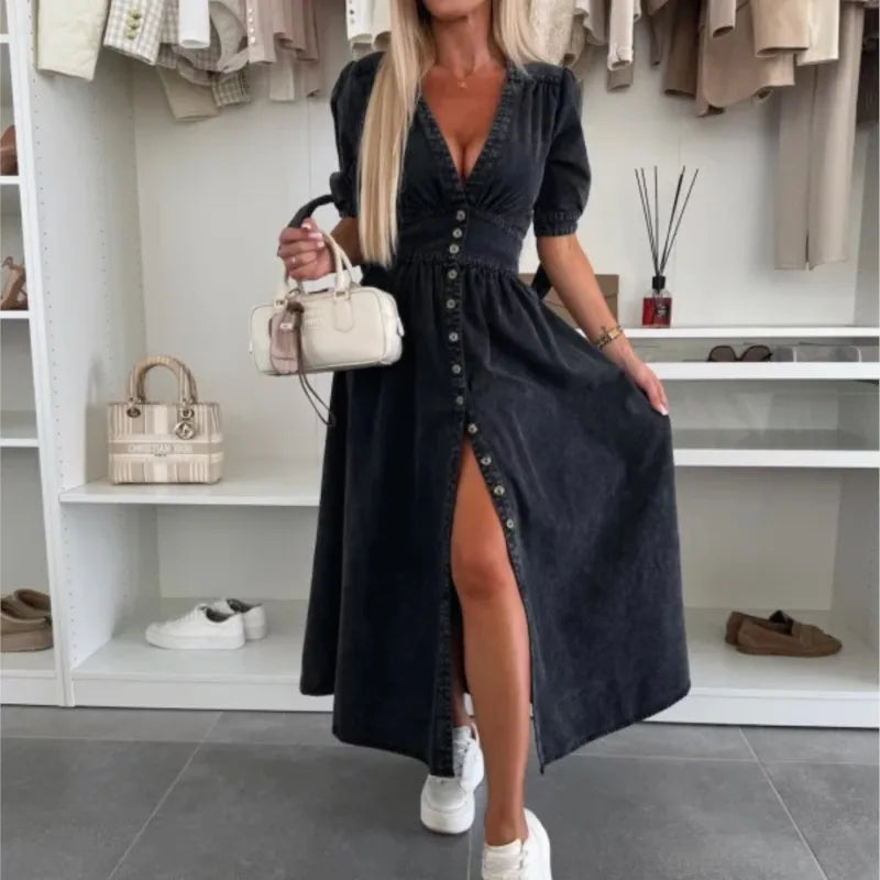 Women Dresses: V Neck Denim Dress - Elegant Style | Salman Store