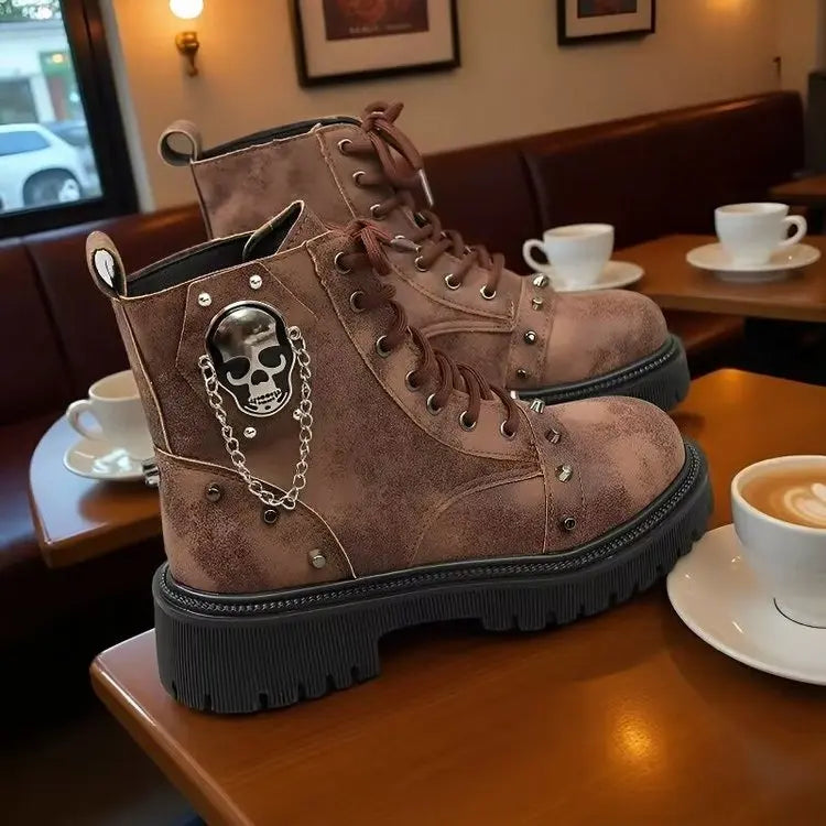 Women's Punk Ankle Boots - Platform Buckle Lace-Up Block Heel Shoes - JStorehub 