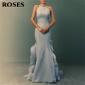 Roses Light Blue Halter Neck Mermaid Prom Dress with Ruffled Train - JStorehub 