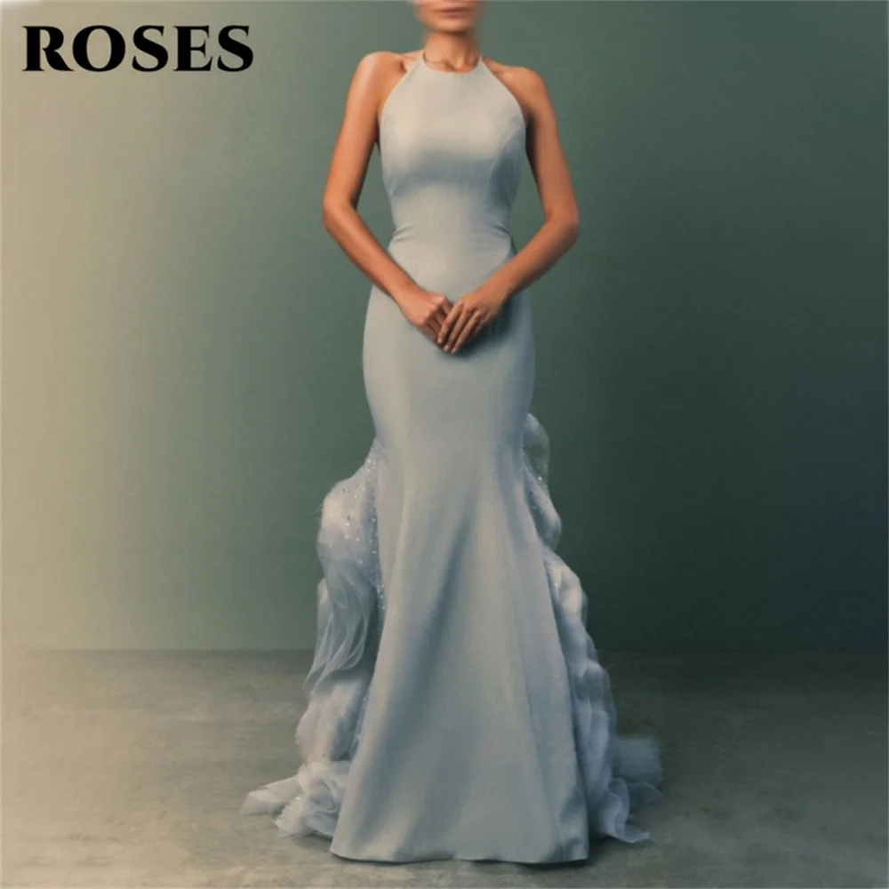Roses Light Blue Halter Neck Mermaid Prom Dress with Ruffled Train - JStorehub 