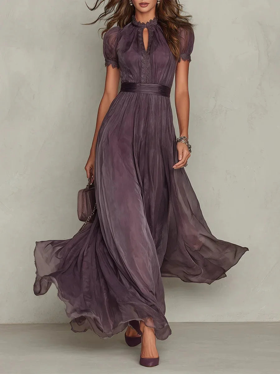 Vintage Hollow Out Maxi Dress - Stand Collar Lantern Sleeve Pleated Tunic - JStorehub 