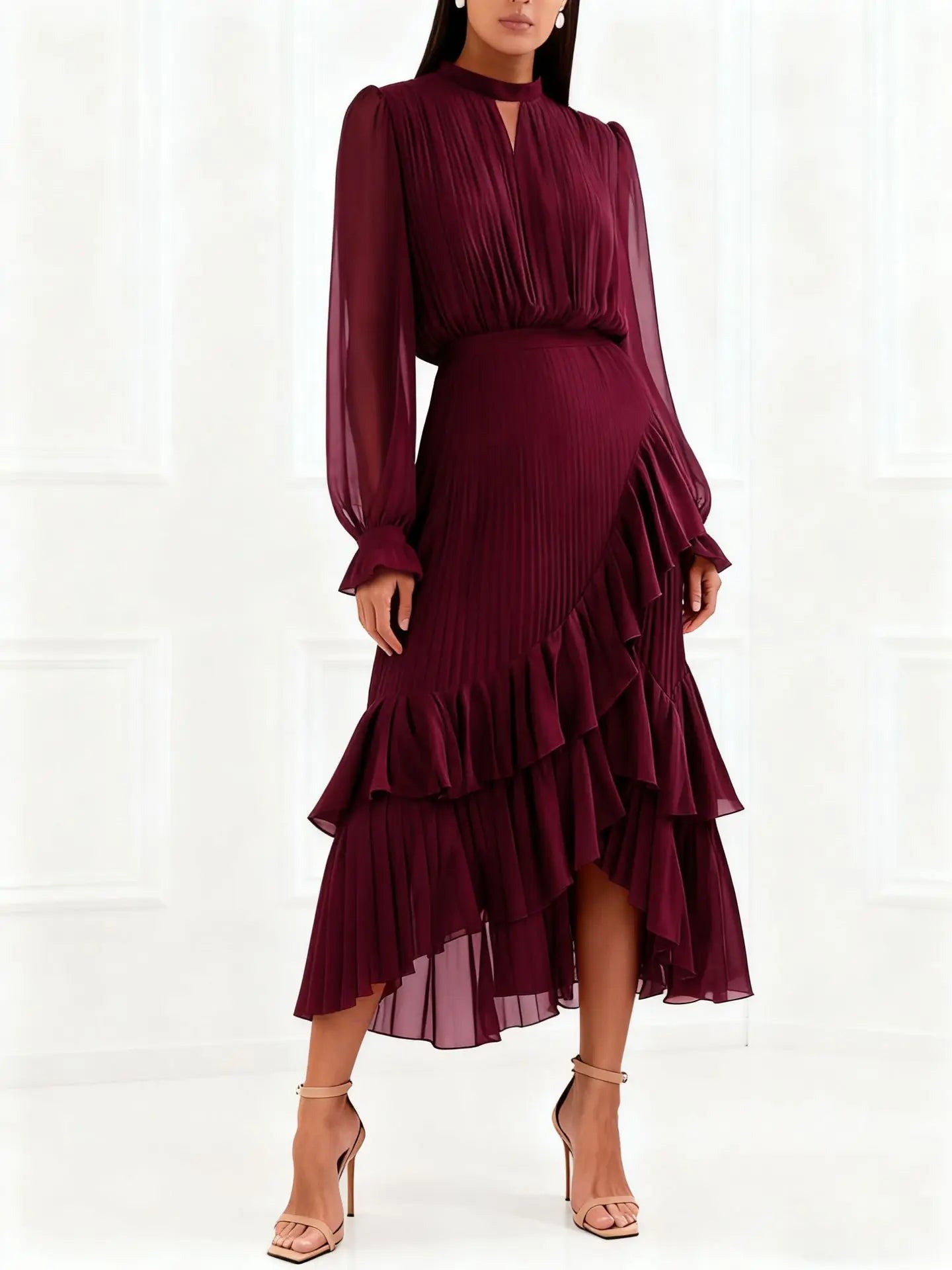 Ruffle Long Sleeve Layered A-Line Dress - Chic Spring Summer Pleated Gown - SalmanStore 