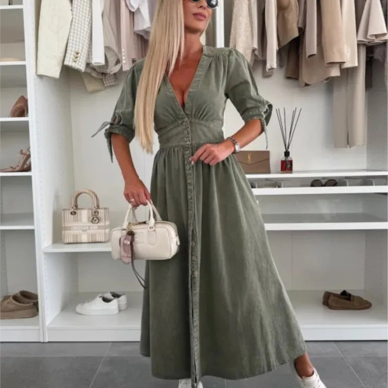 Women Dresses: V Neck Denim Dress - Elegant Style | Salman Store