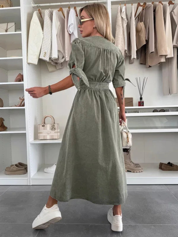 Women Dresses: V Neck Denim Dress - Elegant Style | Salman Store