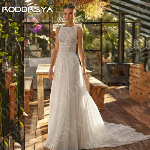 Beach Boho Wedding Dress - Chiffon Lace Spaghetti Straps Backless A-Line Gown - JStorehub 