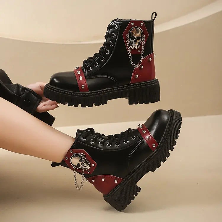 Women's Punk Ankle Boots - Platform Buckle Lace-Up Block Heel Shoes - JStorehub 