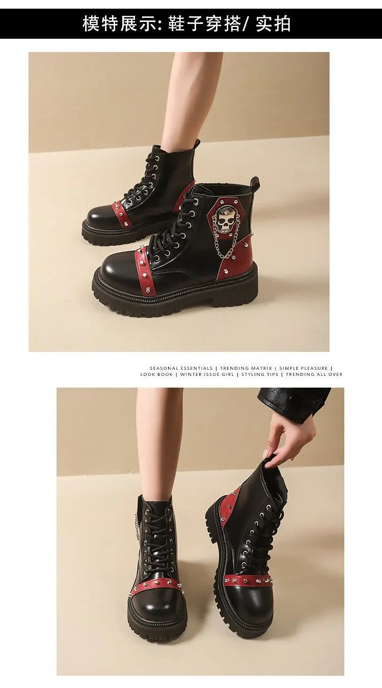 Women's Punk Ankle Boots - Platform Buckle Lace-Up Block Heel Shoes - JStorehub 