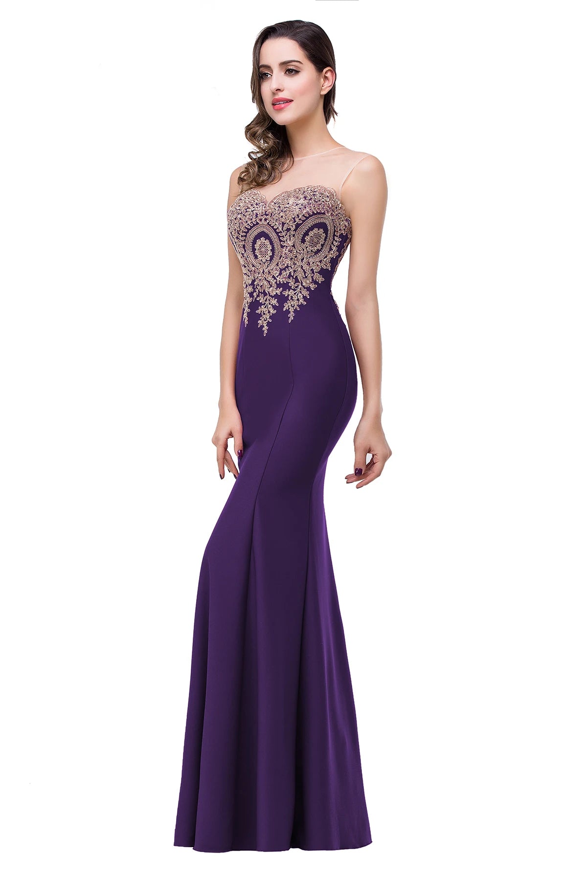 Golden Appliques Lace Mermaid Evening Dress - Sweetheart Illusion Prom Gown - SalmanStore 